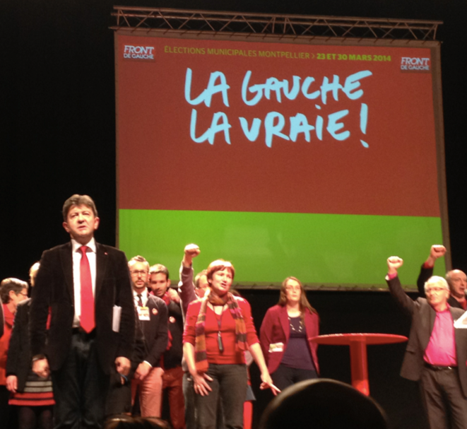 Jean-Luc Mélenchon à la tribune du meeting de Montpellier, le 19 février 2014 © S.A Jean-Luc Mélenchon à la tribune du meeting de Montpellier, le 19 février 2014 © S.A